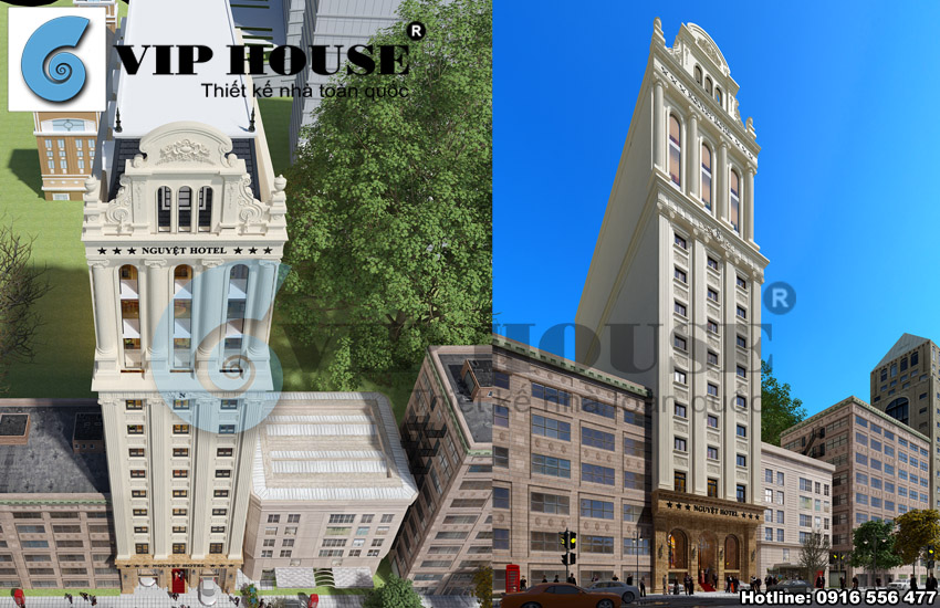 Hình ảnh: Hình khối công trình được phân chia rõ ràng và tuân thủ theo tỷ lệ chuẩn của phong cách cổ điển. Đây chính là thành công của Vip House đối với những công trình mang phong cách cổ điển Pháp.