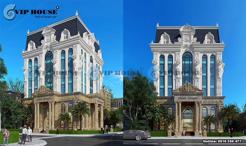 Mẫu thiết kế khách sạn 6 tầng kiến trúc Pháp 2 mặt tiền diện tích 300m2 tại Quảng Ninh 