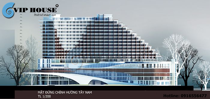  Mặt đứng chính hướng Tây Nam của mẫu thiết kế khách sạn tại Tây Nguyên