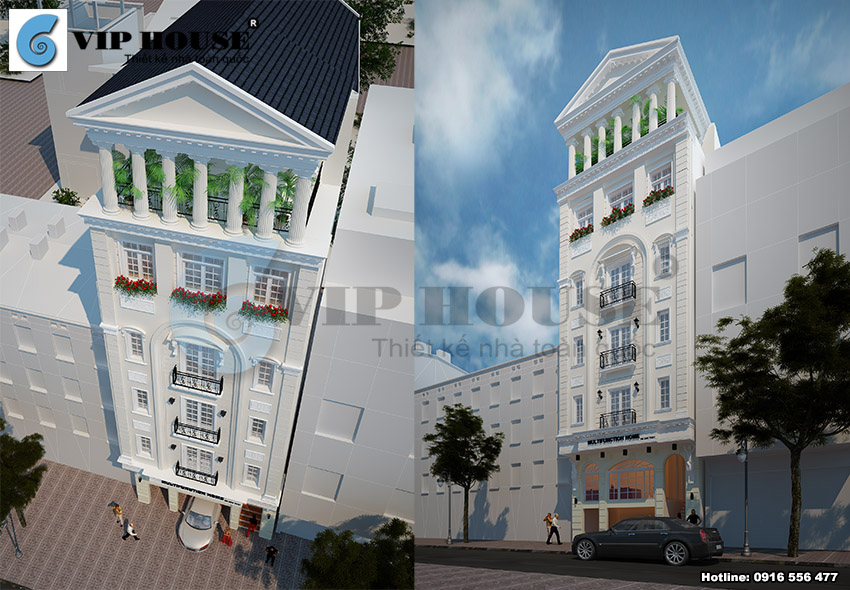 Hình ảnh: Phối cảnh kiến trúc tổng thể của thiết kế khách sạn mini 7 tầng tại Nghệ An.